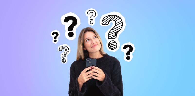 A smiling young woman with a phone in her hands, looking up at doodle question marks sketch on a gradient background
