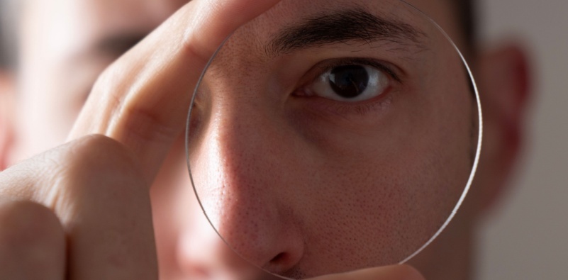 A man looking through an eyeglass lens.