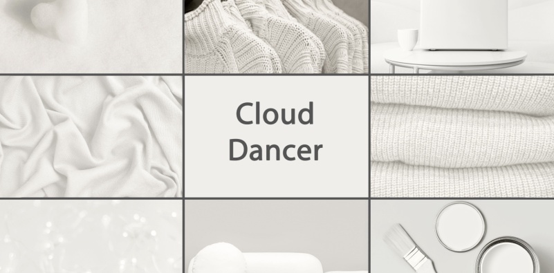 Collage of clothing texture and cans of paint in trending color of year 2026 Cloud Dancer.