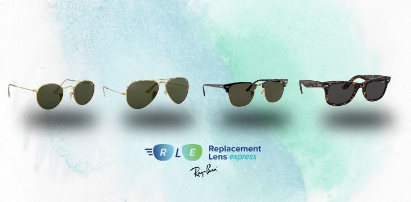 A graphic showing four iconic Ray-Ban styles, including Round, Aviator, Clubmaster and Wayfarer sunglasses, on a blue and green background.