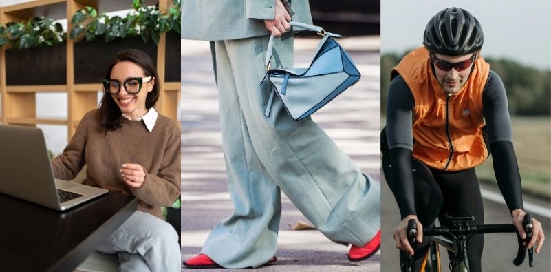 A collage of three images featuring office, fashion and active lifestyles.